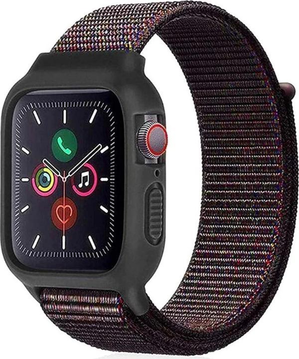 Apple Watch 38mm Hasırlı Cırtcırtlı Kasalı Kordon - Siyah-Mavi - Image 1