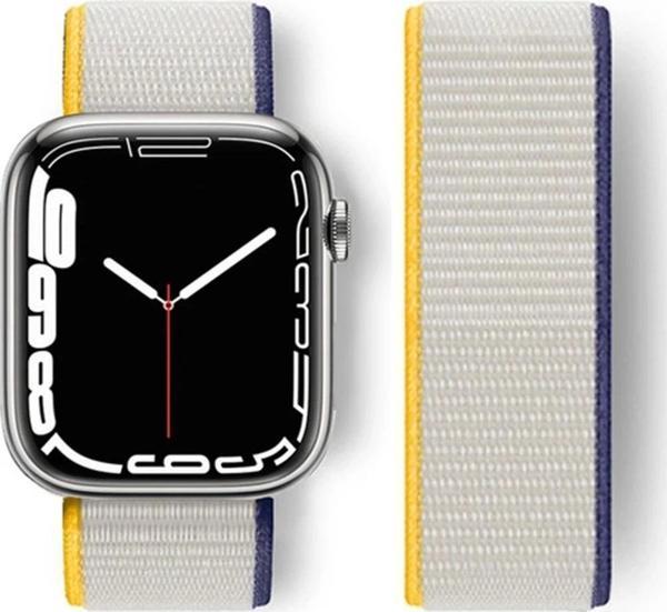 Apple Watch 38mm Hasırlı Cırtcırtlı Kordon - Sarı-Beyaz - Image 1