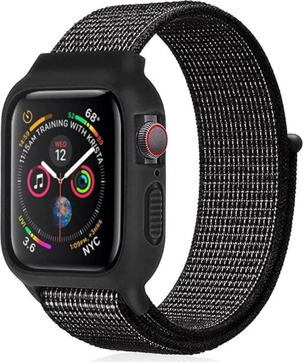 Apple Watch 42mm Hasırlı Cırtcırtlı Kasalı Kordon - Benekli Siyah - Image 1