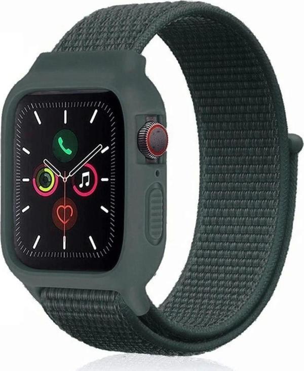 Apple Watch 42mm Hasırlı Cırtcırtlı Kasalı Kordon - Haki Yeşil - Image 1
