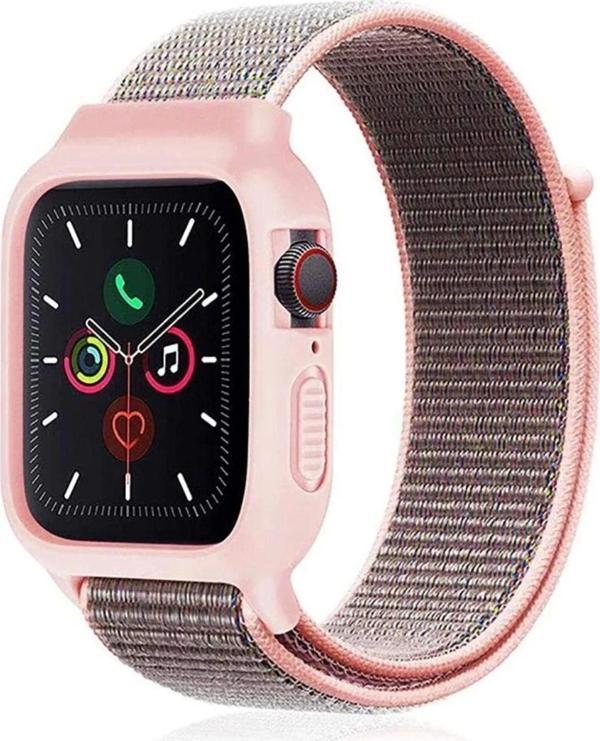 Apple Watch 42mm Hasırlı Cırtcırtlı Kasalı Kordon - Pembe - Image 1