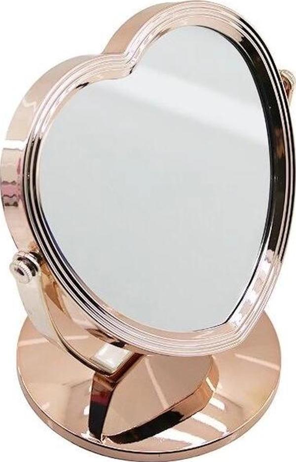 Kalp Model 7 İnç= Çap:17.5cm Makyaj Aynası Çift Taraflı Bronz - Gümüş Pls.çerçeve Sabit Ayak - Image 1