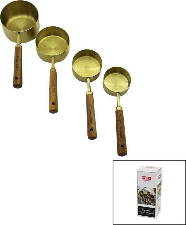 4pcs  Gold Metal Ölçü Kaşık Set Otantik Ağaç Kulp 1cup: 250ml - 1/2 Cup: 125ml - 1/3 Cup: 80ml - 1/4 - Image 1