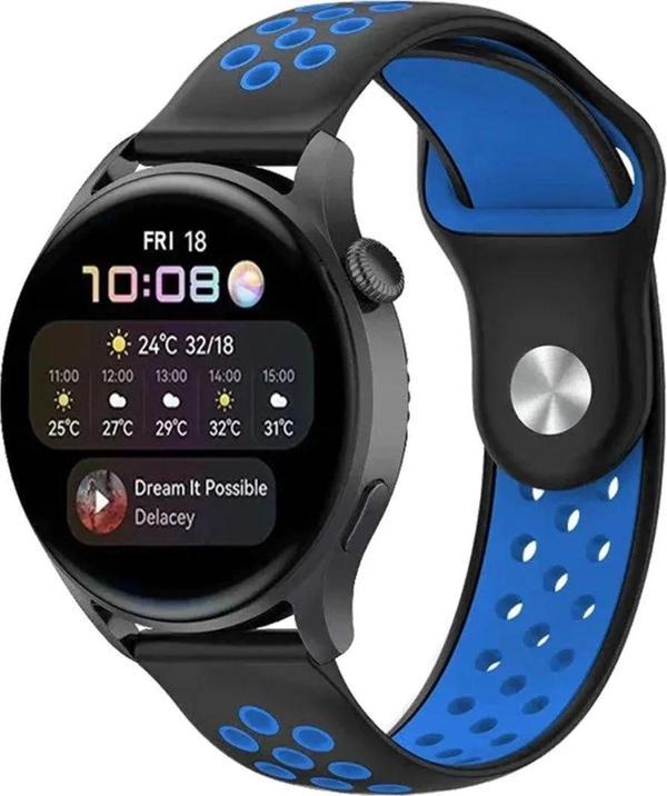 Watch 20mm Spor Delikli Kordon - Siyah-Mavi - Image 1