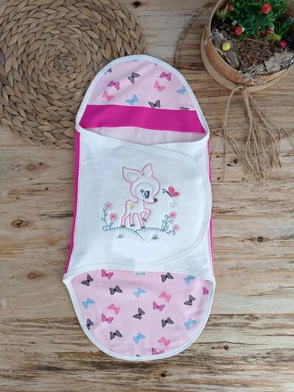 Yenidoğan İlk Baharın Ceylanı Nakışlı Çıt Çıt Kapama Bebek Kundak Pembe - Image 1