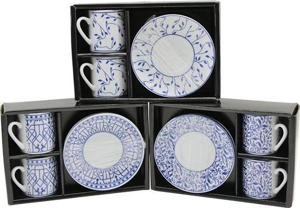 Mavi - Beyaz 4pcs=2-takım  Porselen Kahve Fincanı  Çiçek - Çizgi - Nokta Mix Desen - Image 1