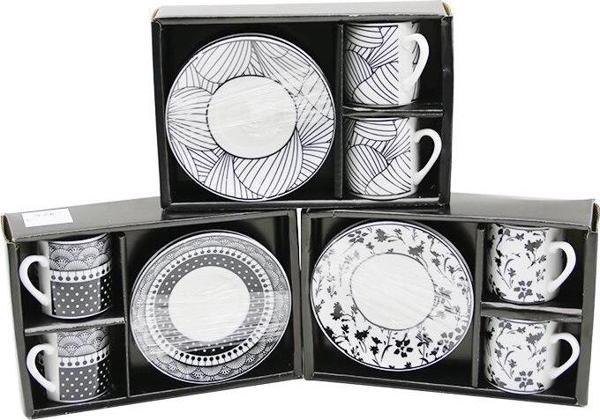 Siyah - Beyaz 4pcs=2-takım  Porselen Kahve Fincanı  Çiçek - Çizgi - Nokta Mix Desen - Image 1
