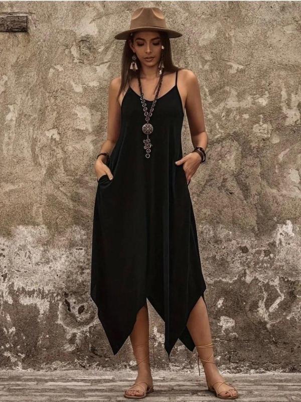 Moda Kadın Askılı V Yakalı Cep Detaylı Asimetrik Kesim Detaylı Viskon Elbise - Image 1