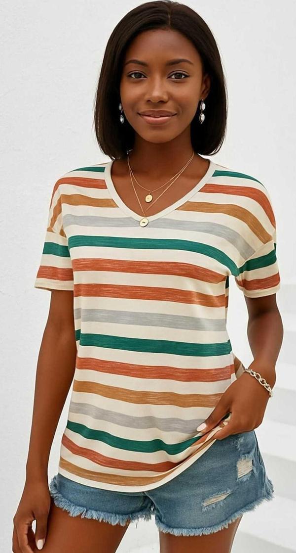 Moda Kadın Kısa Kollu V Yaka Çizgili Süprem T-Shirt (Büyük Bedenleri Mevcuttur) - Image 1