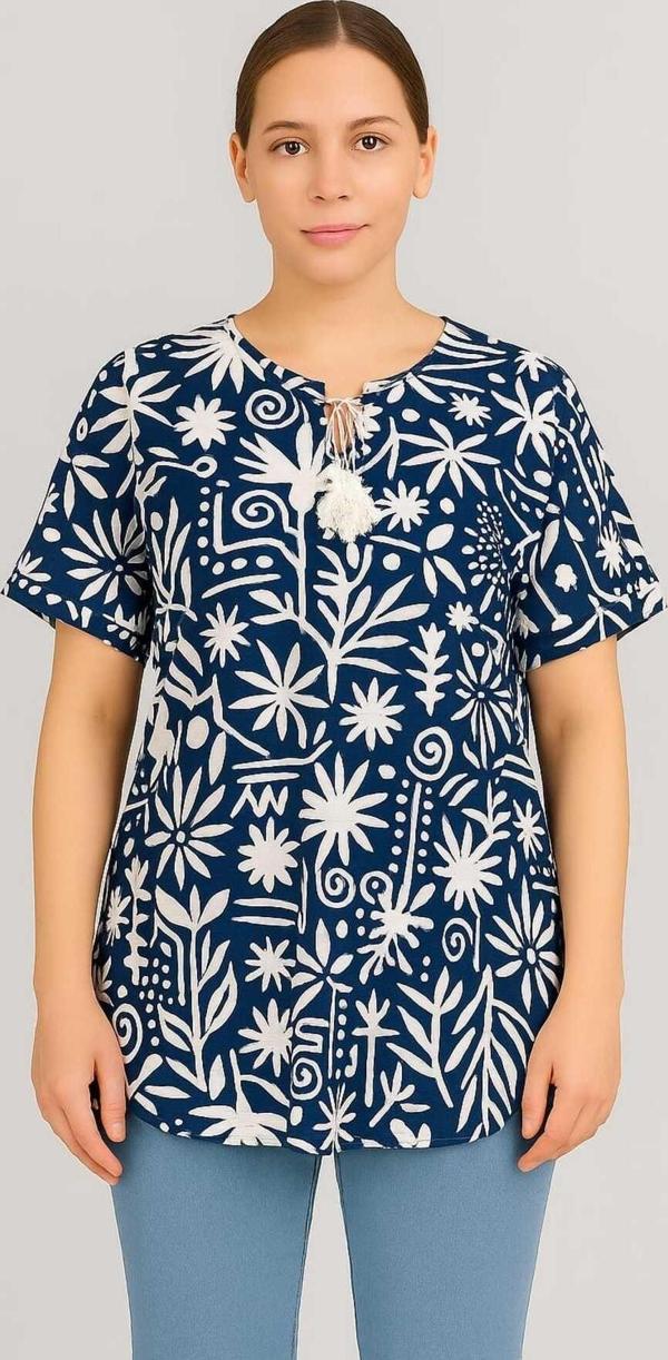 Moda Kadın Büyük Beden Bebe Yaka Bağcık Detaylı Batik Desen Bluz - Image 1