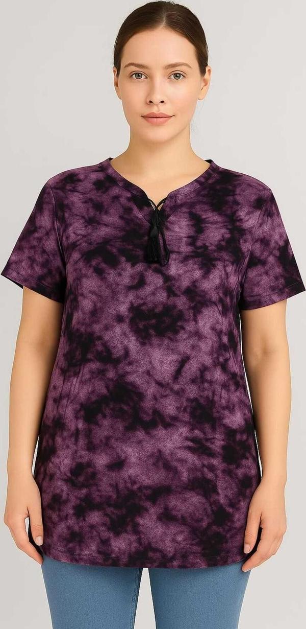 Moda Kadın Büyük Beden Bebe Yaka Bağcık Detaylı Batik Desen Bluz - Image 1