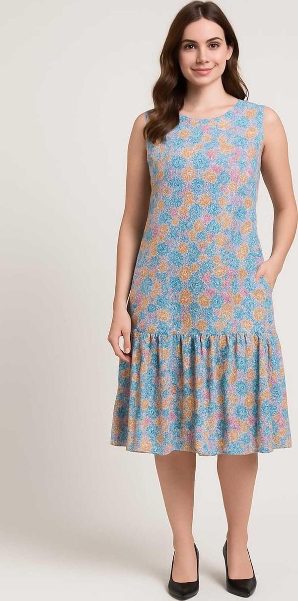 Moda Kadın Çiçek Desenli Kolsuz Rahat Kalıp Bürümcük Elbise - Image 1