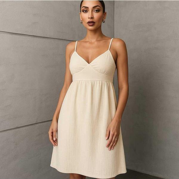 Moda Kadın Yazlık Kısa Askılı Rahat Helen Keten Elbise - Image 1