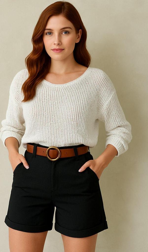 Moda Kadın Kemerli Çok Şık Gabardin Şort - Image 1