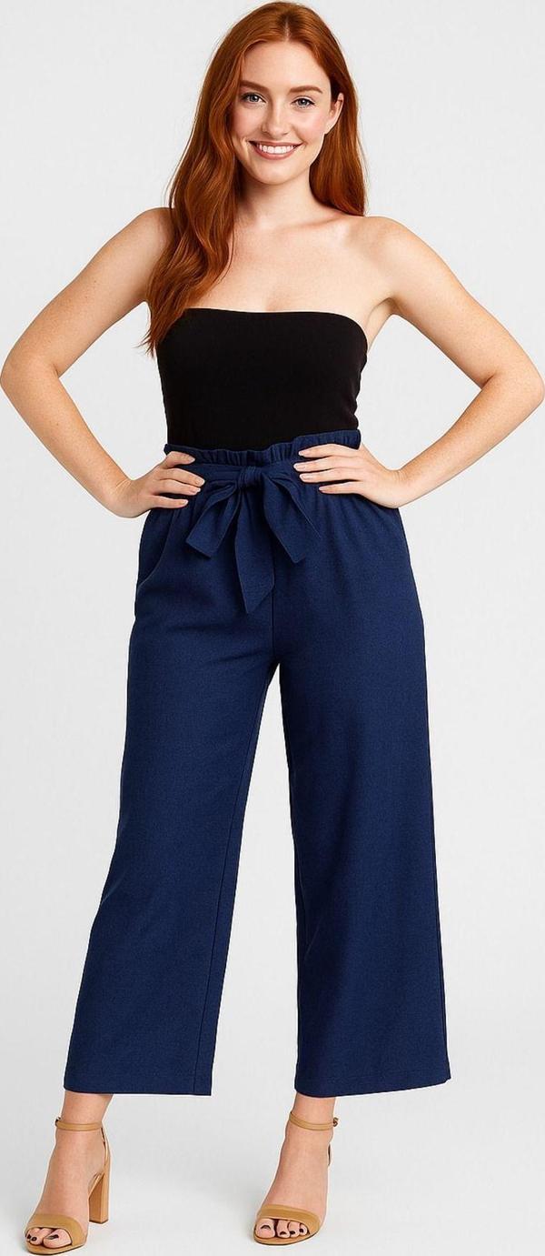 Moda Kadın Kuşak Detaylı Mavi Keten Pantolon - Image 1