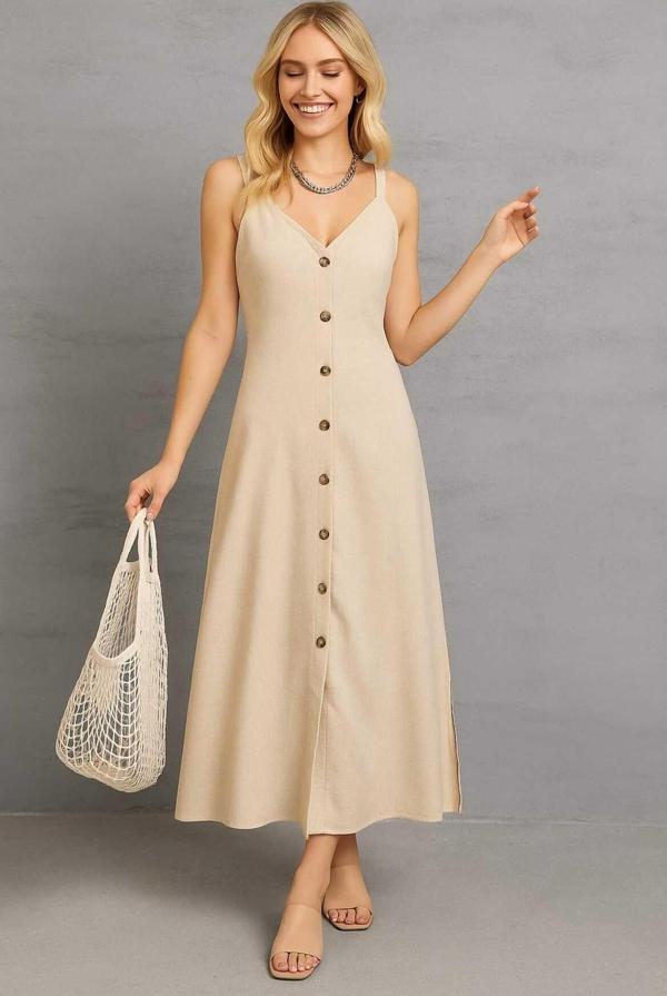 Moda Kadın Askılı Keten Elbise - Image 1