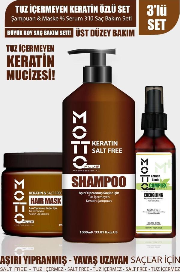 Motto Plus Professional Yavaş Uzayan-Aşırı Yıpranmış Saçlar İçin Tuzsuz Keratinli 3'lü Saç Bakım Seti (Şampuan-Maske-Ser - Image 1