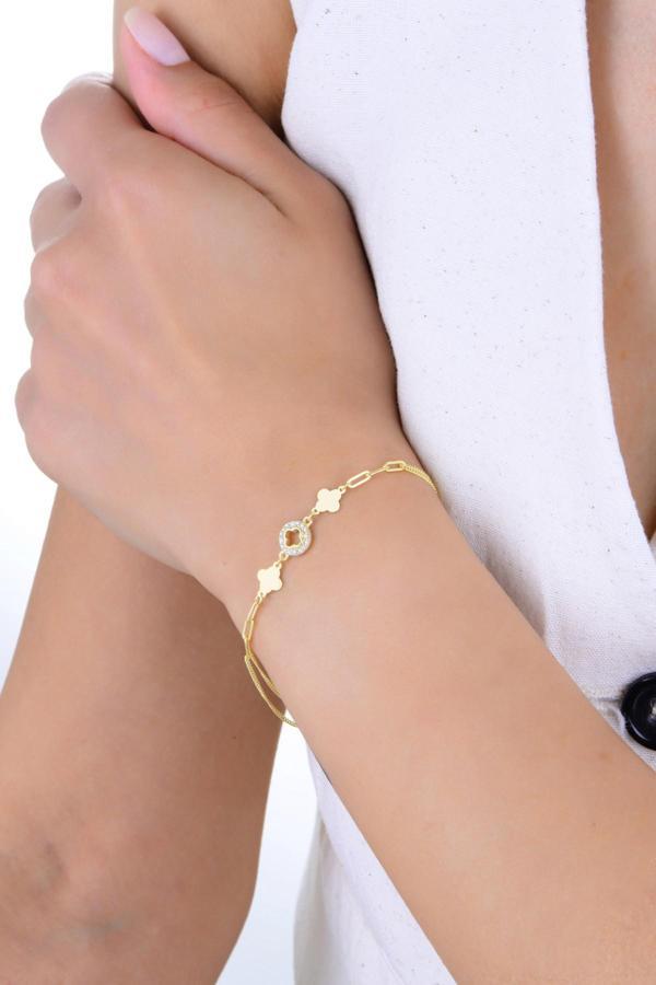 Gümüş altın yaldızlı zirkon taşlı çift zincirli katre yonca bileklik  [barcode] - Image 1