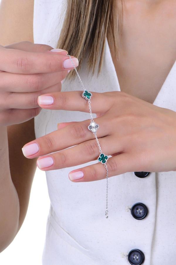 Gümüş rodyumlu lazer işlemi malakit (malahit) taşlı clover yonca bileklik [barcode] - Image 1