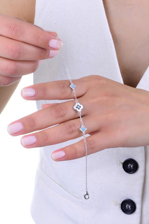 Gümüş rodyumlu firuze ,sedef ve ziron taşlı yonca bileklik [barcode] - Image 1