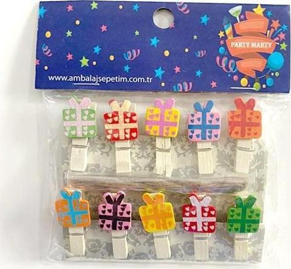 Party Marty Ahşap Mandal Hediye Paketi Figürlü 3,5Cm 10Lu - 4 paket - Image 1