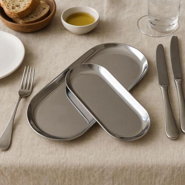 Kitchen Line Gümüş Renk Metal Sunum-İkram Tabağı Paslanmaz Çelik 2Lı Set - Image 1