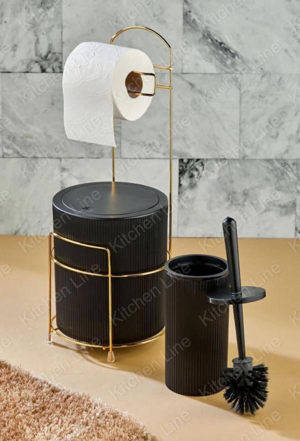 Kitchen Line Lüx Gold Banyo Tuvalet Kağıtlığı Çöp Kovası Tuvalet Fırçası 3Lü Set 6 Litre Paslanmaz Tel Plastik - Image 1