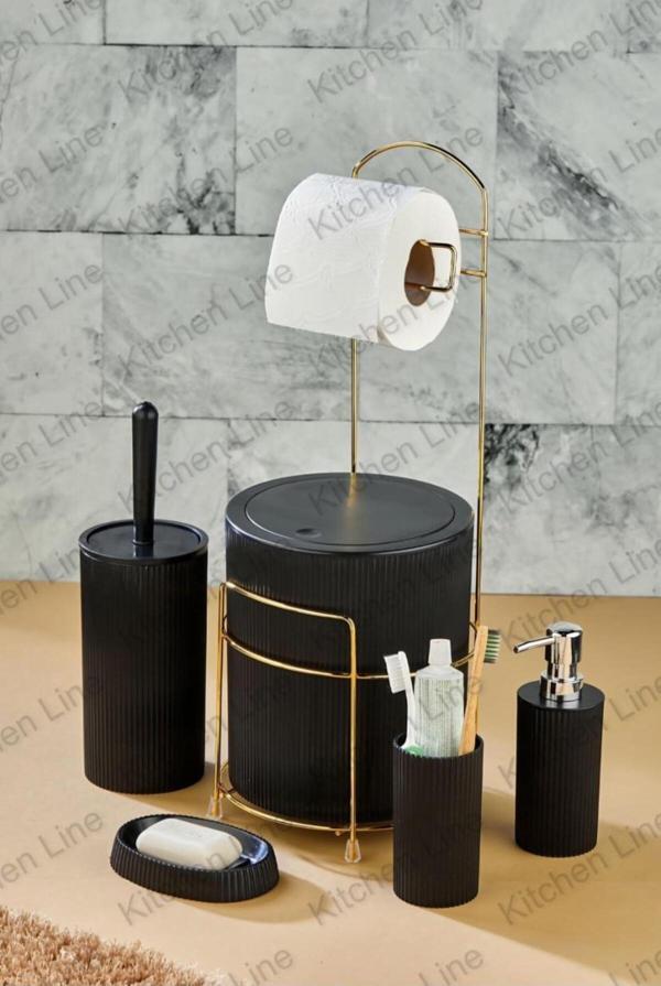 Kitchen Line Gold 6 Parça Banyo Seti Metal Standlı Çöp Kovalı Wc Kağıtlık Ve Tuvalet Fırçası Katı- Sıvı Sabunluk - Image 1