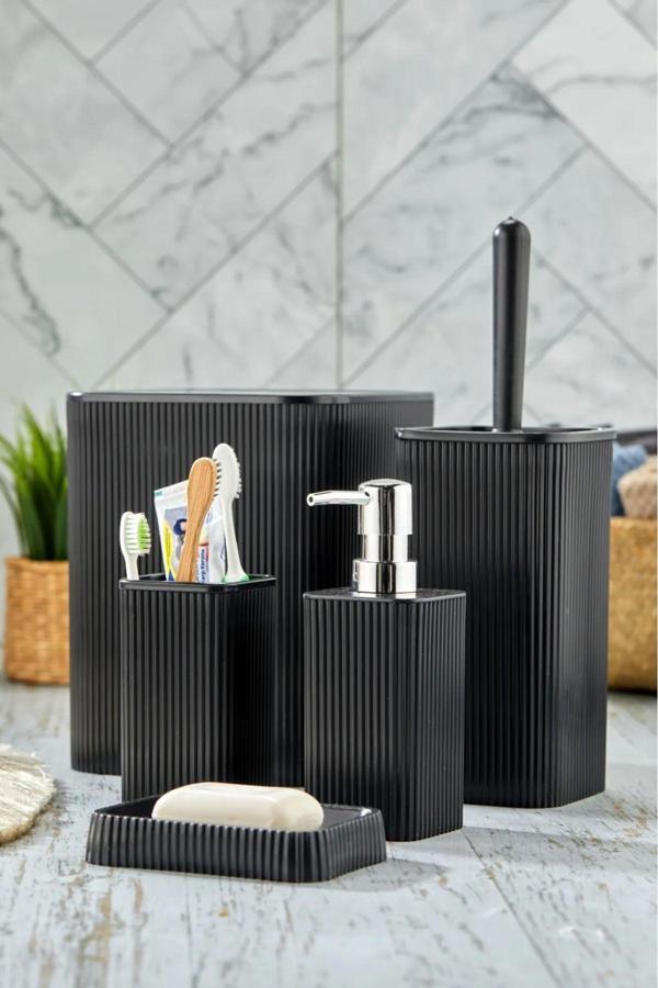 Kitchen Line Palermo Kare Çizgi Model 5'Li Banyo Seti Gold Detaylı Sabunluk Siyah - Image 1