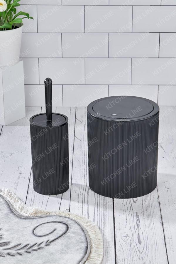 Kitchen Line Yuvarlak Çöp Kovası & Yuvarlak Tuvalet Fırçası Seti Ikili Banyo Seti Siyah - Image 1