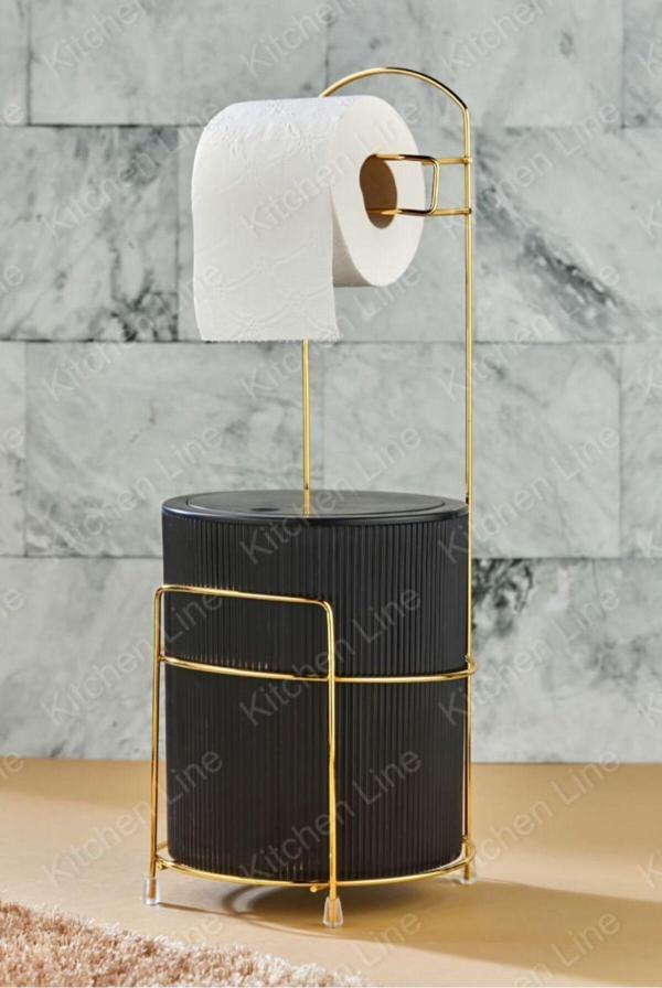 Kitchen Line Lüx Gold Banyo Wc Tuvalet Kağıtlığı Çöp Kovası Takım Plastik Kova 6 Litre Paslanmaz Tel - Image 1