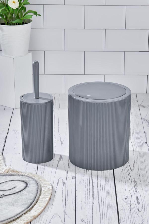 Kitchen Line Yuvarlak Çöp Kovası & Yuvarlak Tuvalet Fırçası Seti Ikili Banyo Seti Açık Gri - Image 1