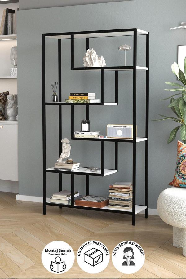 Bofigo 6 Raflı Kitaplık Dekoratif Kitaplık Metal Kitaplık Ofis Kitaplığı Larissa Beyaz - Image 1