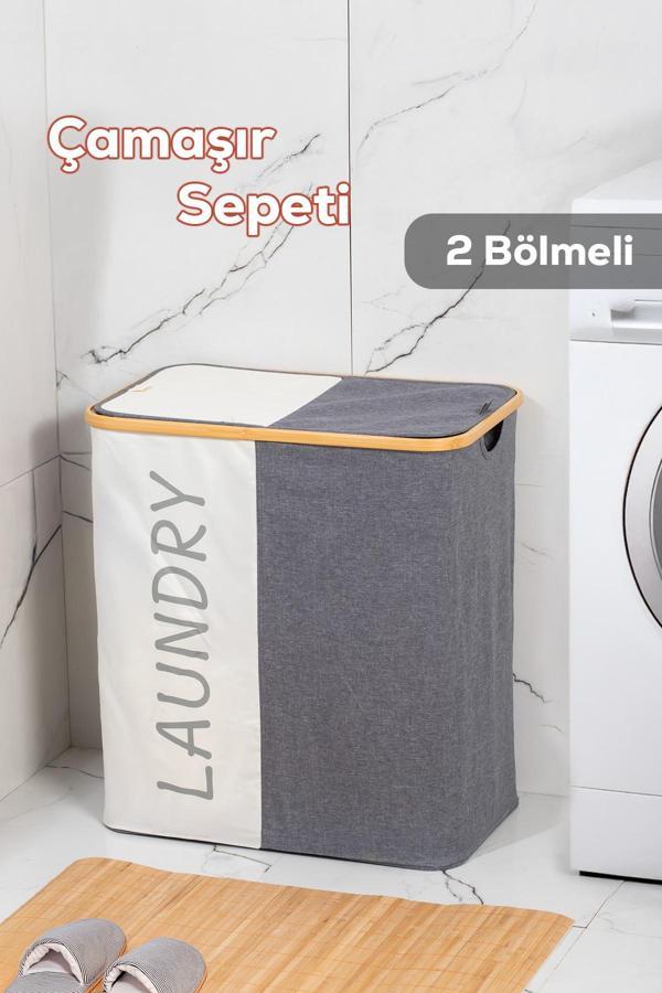 Porsima Mio-103 Bambu 2 Bölmeli Banyo Kirli Çamaşır Sepeti Banyo Düzenleyici Sepet 59X53,5 cm - Image 1