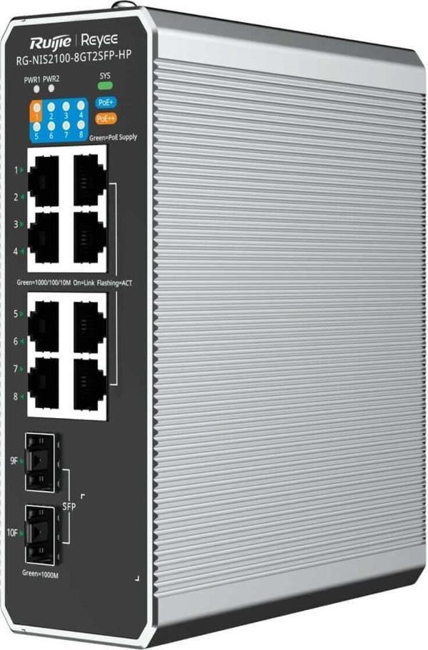 Ruijie Reyee RG-NIS2100-8GT2SFP-HP 8 Port Gigabit PoE + 2 Port SFP Endüstriyel Yönetilebilir Switch - Image 1