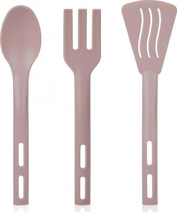 3lü Mini Plastik Spatula Kaşık Çatal Servis Seti Takımı Pembe - Image 1