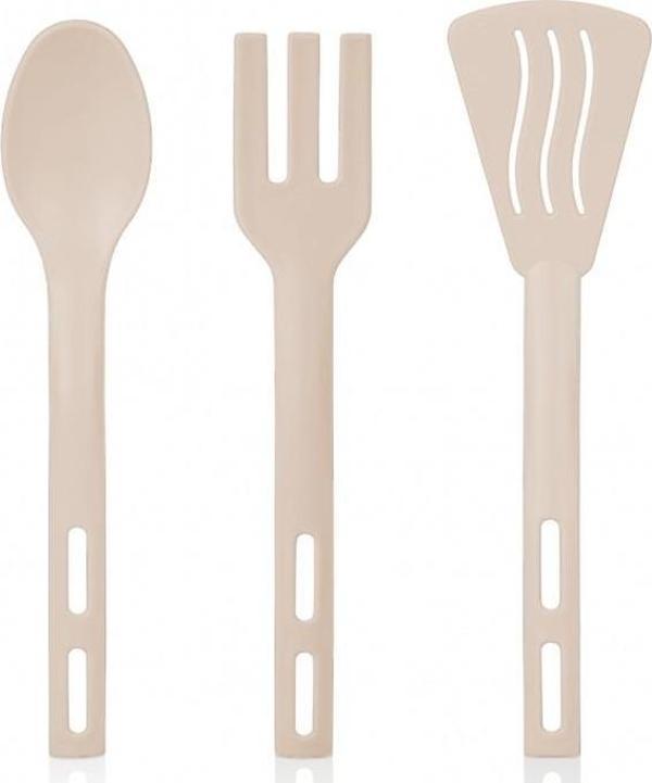 3lü Mini Plastik Spatula Kaşık Çatal Servis Seti Takımı Krem - Image 1
