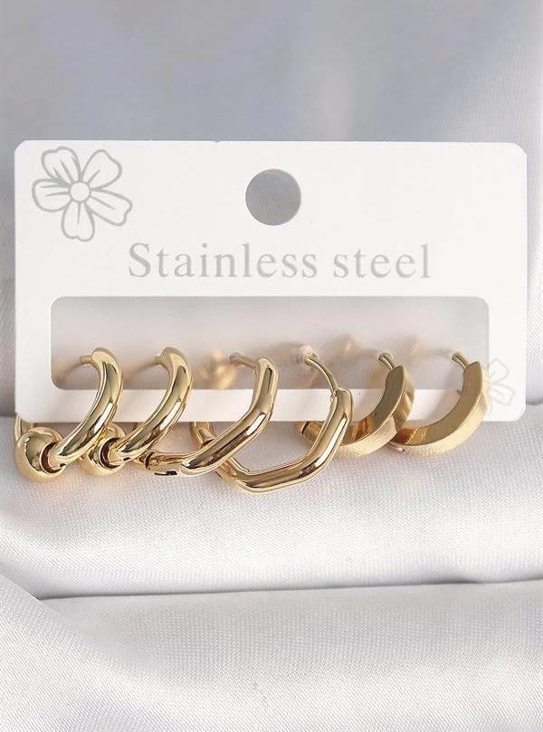 316L Çelik Gold Renk Altıgen Halka Model Kadın Küpe Seti - Image 1