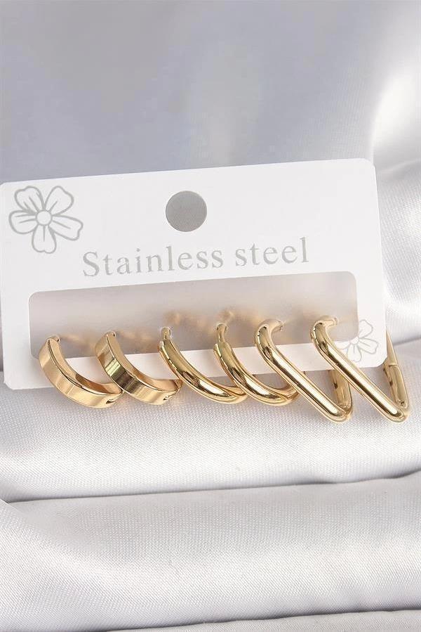 316L Çelik Gold Renk Üçgen Halka Model Kadın Küpe Seti - Image 1