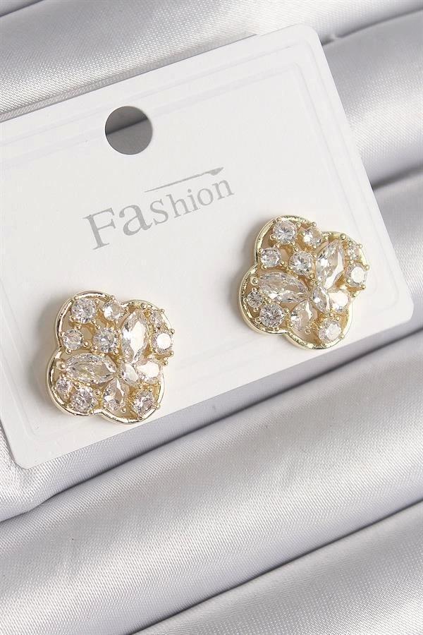 Pirinç Gold Renk Zirkon Taşlı Yonca Model Kadın Küpe - Image 1
