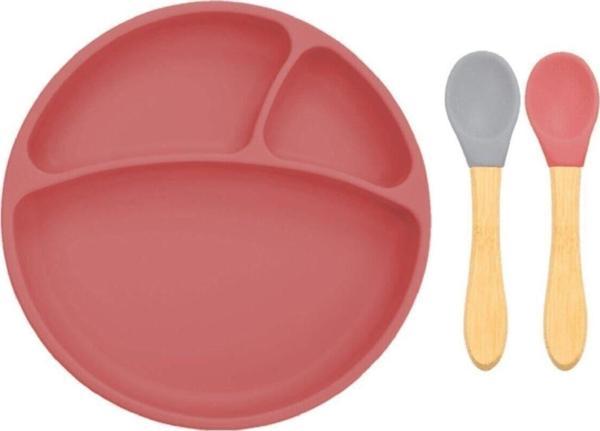 Oioi Bordo Silikon Tabak + Bambu Saplı Silikon Kaşık - Image 1
