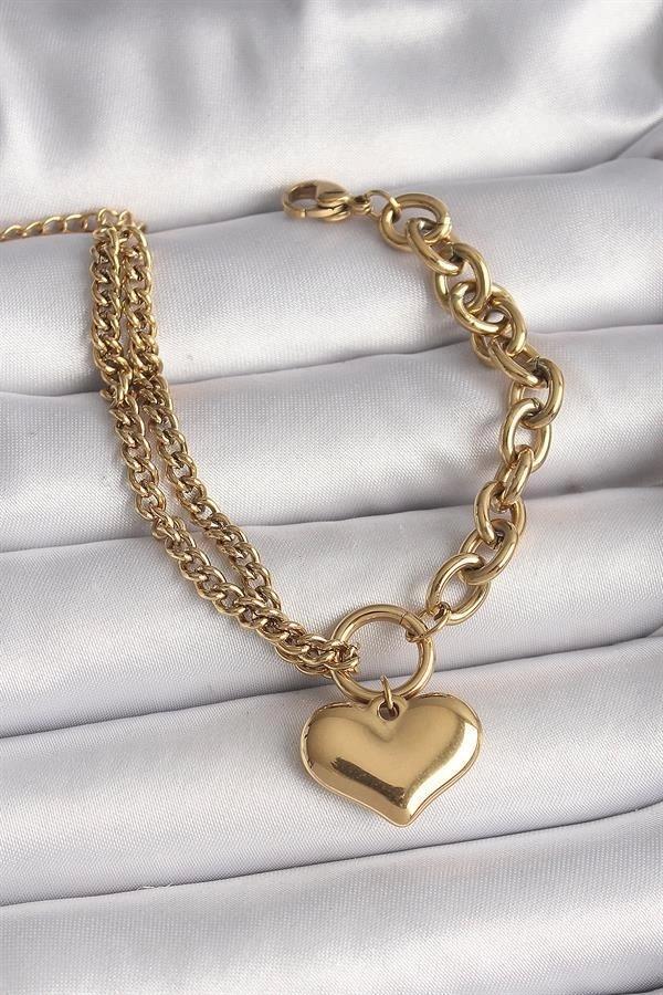 316L Çelik Gold Renk 2'Li Zincir Model Kalp Figür Kadın Bileklik - Image 1