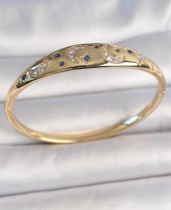 Pirinç Gold Renk Zirkon Taşlı Hilal İşleme Mavi Taşlı Yıldız Detay Kadın Kelepçe - Image 1