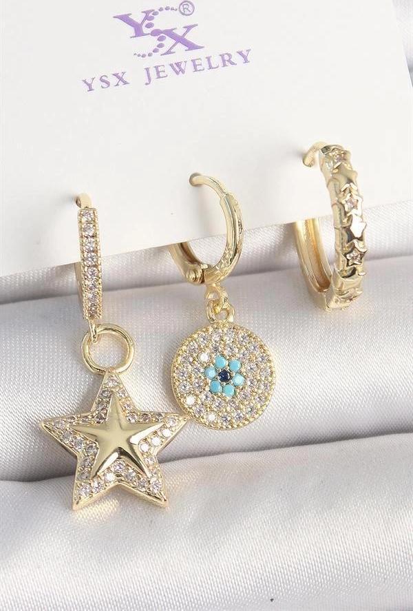 Pirinç Gold Renk Zirkon Taşlı Sallantı Yıldız Model Nazar Boncuk Detay 3'Lü Kadın Kombin Küpe - Image 1