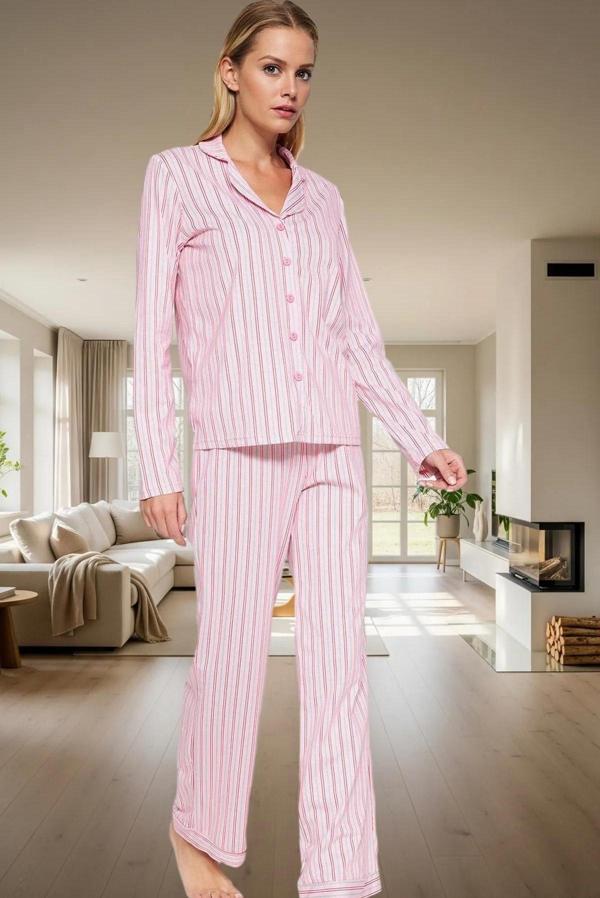 Rahat Kışlık Pijama Takımı Pamuklu Çizgili Uzun Kollu Regular Seçkin Malzeme Zarifane Tasarım - Image 1