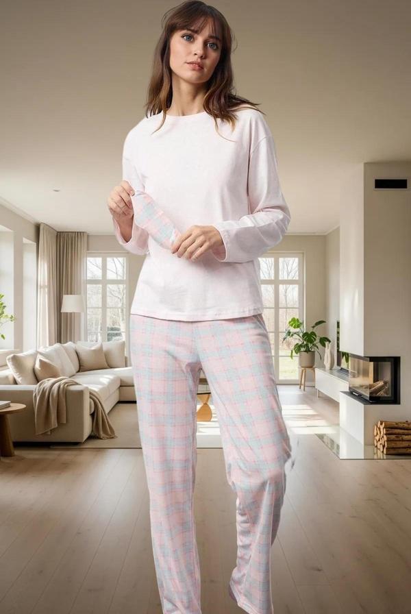 Şık Ekose Desenli Pamuklu Pijama Takımı Bisiklet Yaka Boru Paça Kışlık Günlük Kullanım İçin - Image 1