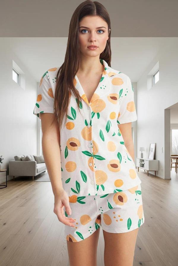 Pamuklu Meyve Desenli Şortlu Pijama Takımı Yazlık Rahat Uyku İçin Zarifane Tasarım Özenle Seçilmiş - Image 1