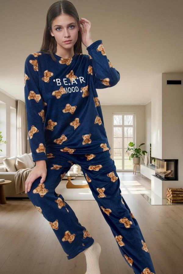 Kadın Ayıcıklı Desenli Polar Pijama Takımı Kışlık Rahat Uyku Seti Premium Kalite Profesyonel Görünüm - Image 1