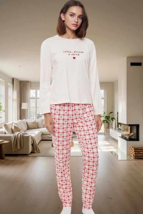 Kadın Pamuklu Uzun Kollu Pijama Takımı Kalpli Ekoseli Rahat Tasarım Trend Zarif - Image 1