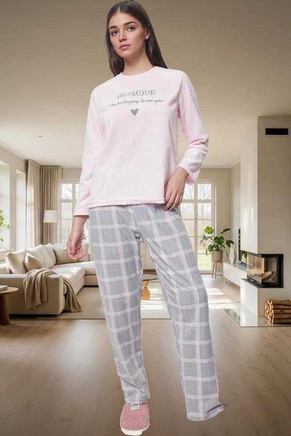 Kadın Kışlık Polar Pijama Takımı Ekoseli Pantolon Uzun Kollu Mükemmel Uyum Trend Tasarım - Image 1